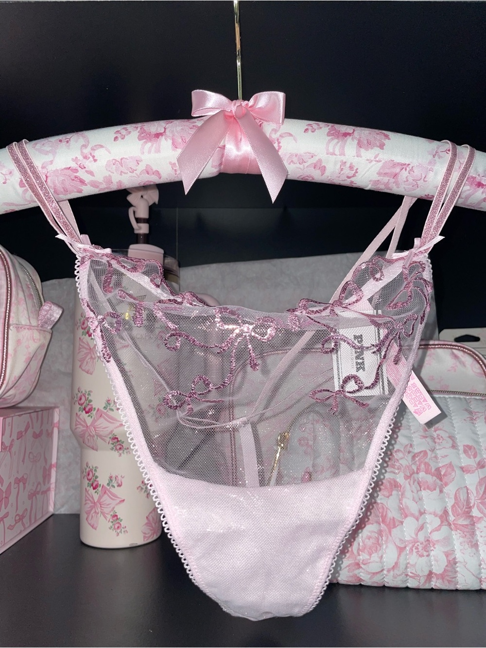 PINK X LoveShackFancy XL pink shimmery bows thong panties